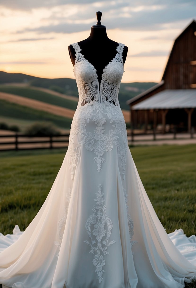 A flowing silhouette design wedding dress with a western theme, featuring intricate lace and embroidery, set against a backdrop of a rustic barn and rolling hills