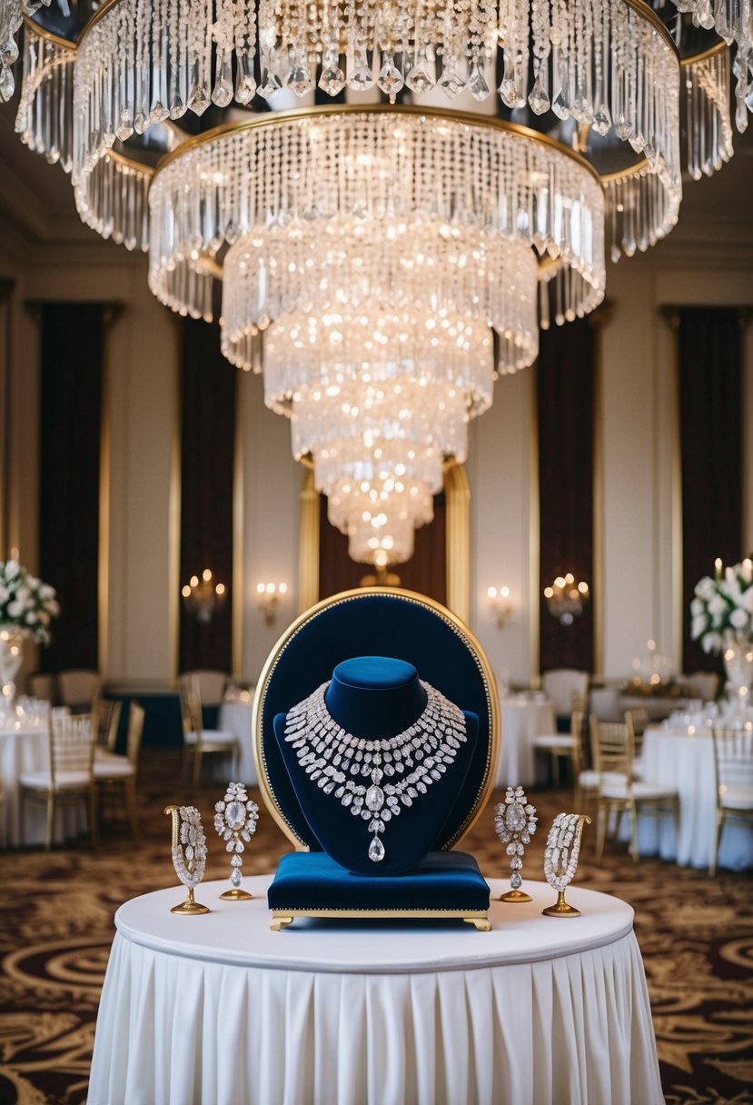 A grand ballroom with cascading crystal chandeliers, elegant gold-trimmed furniture, and a regal display of statement jewelry on a velvet cushion