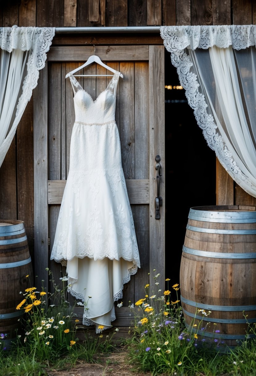 A rustic barn setting with lace curtains, wildflowers, and wooden barrels. A vintage-inspired lace wedding dress hangs on a weathered wooden door