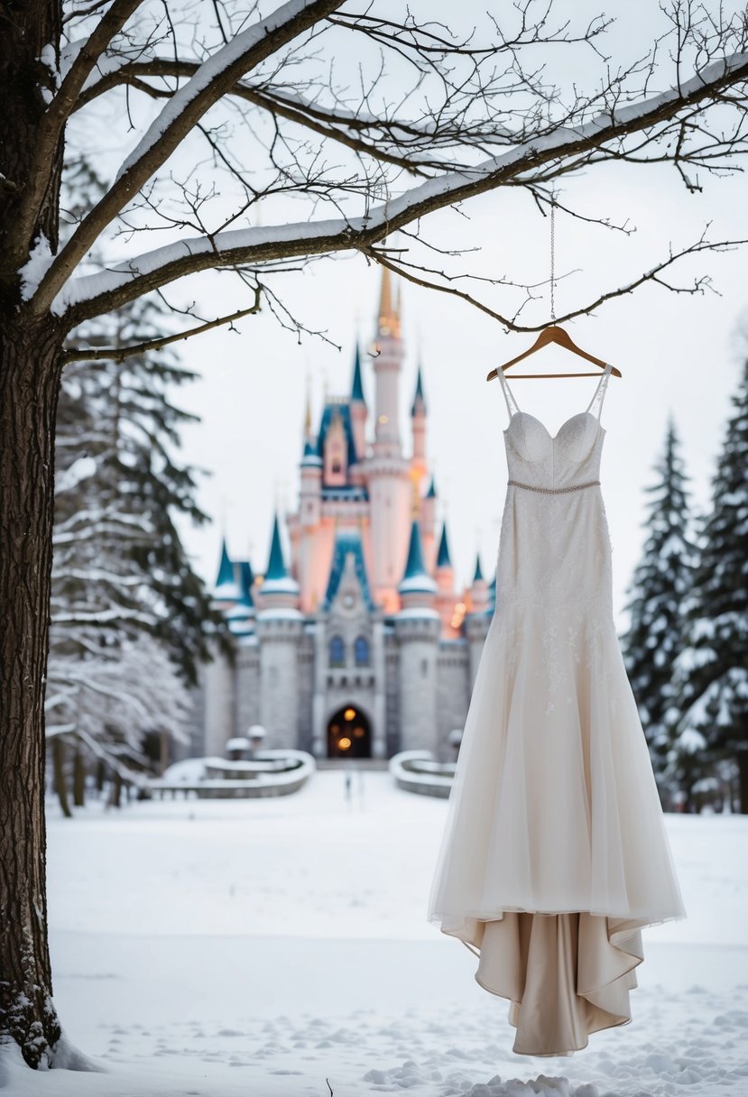 A snow-covered forest clearing with a majestic, sparkling castle in the background, and a graceful, flowing wedding dress hanging from a tree branch