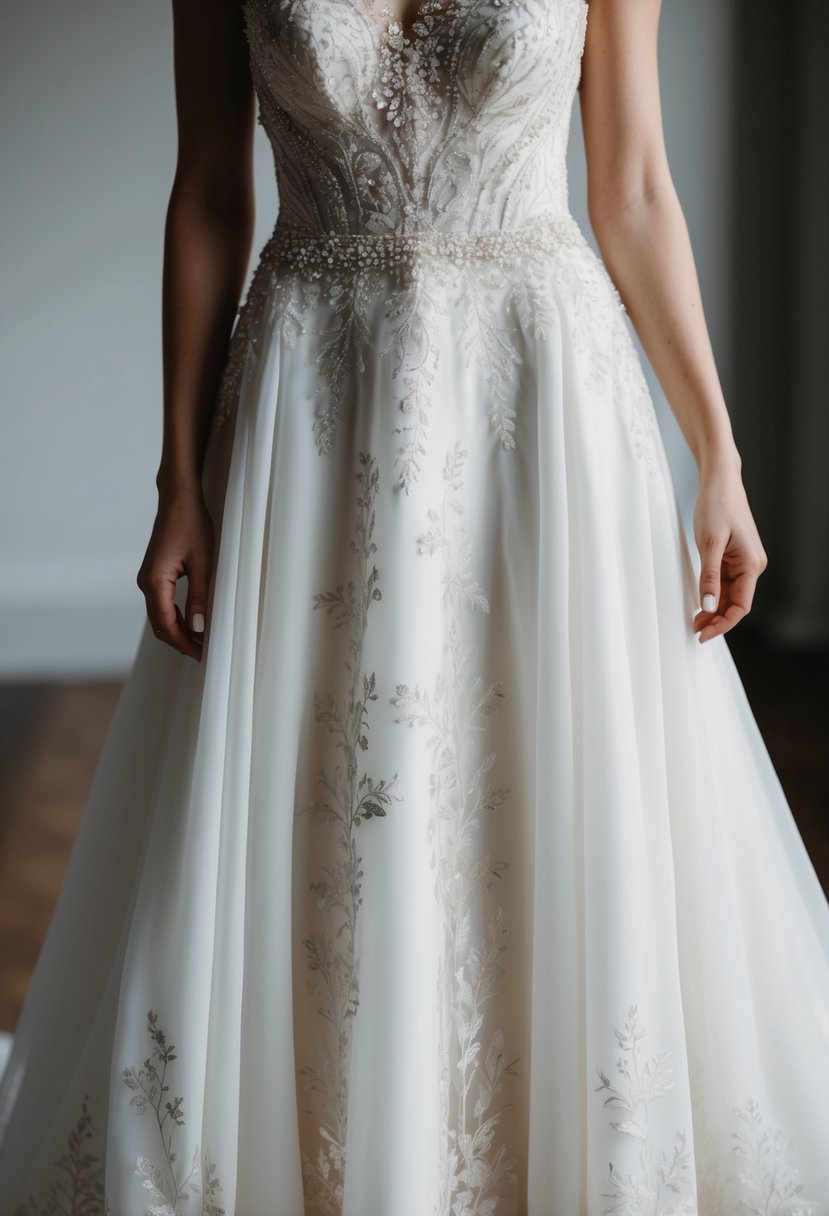 An ornate lace and beadwork bodice adorns a flowing white wedding gown, with delicate floral embroidery cascading down the skirt