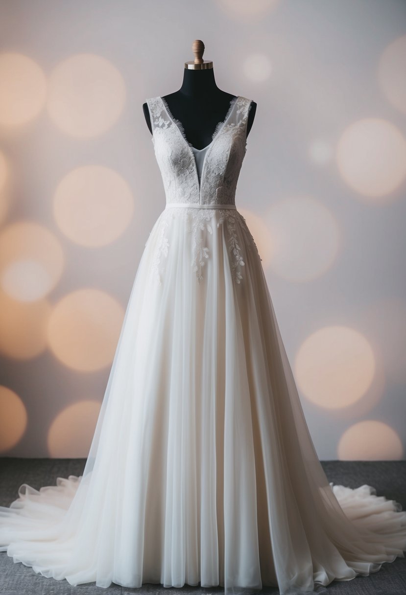 A flowing, ethereal V-neck wedding dress with delicate lace details and a full A-line skirt, set against a backdrop of soft, romantic lighting