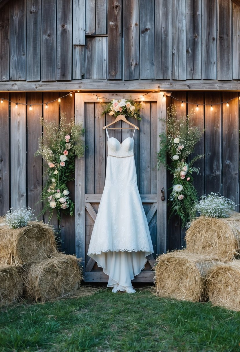 A rustic wooden barn adorned with wildflowers, bales of hay, and twinkling string lights. A vintage ranch-style chic wedding dress hangs on a weathered wooden door