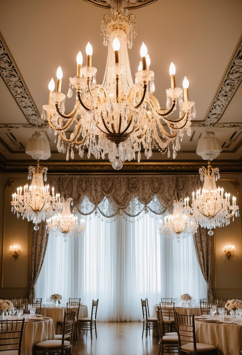 A grand ballroom with ornate chandeliers and intricate lace curtains