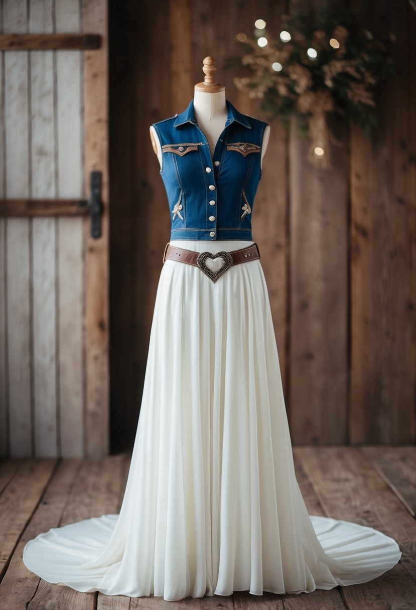 A flowing western wedding dress with leather and denim accents, set against a rustic backdrop with a hint of country charm