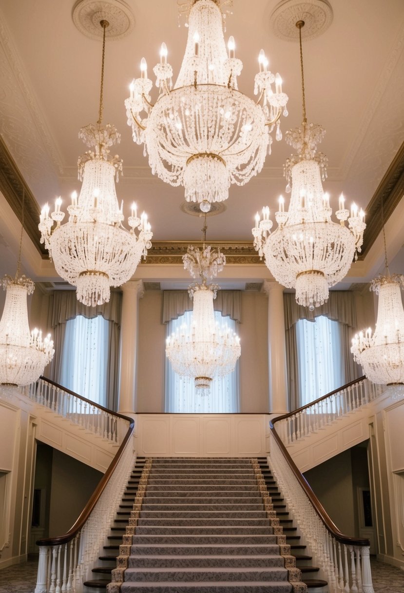 A grand ballroom with cascading chandeliers and a sweeping staircase, adorned with delicate lace and intricate beading