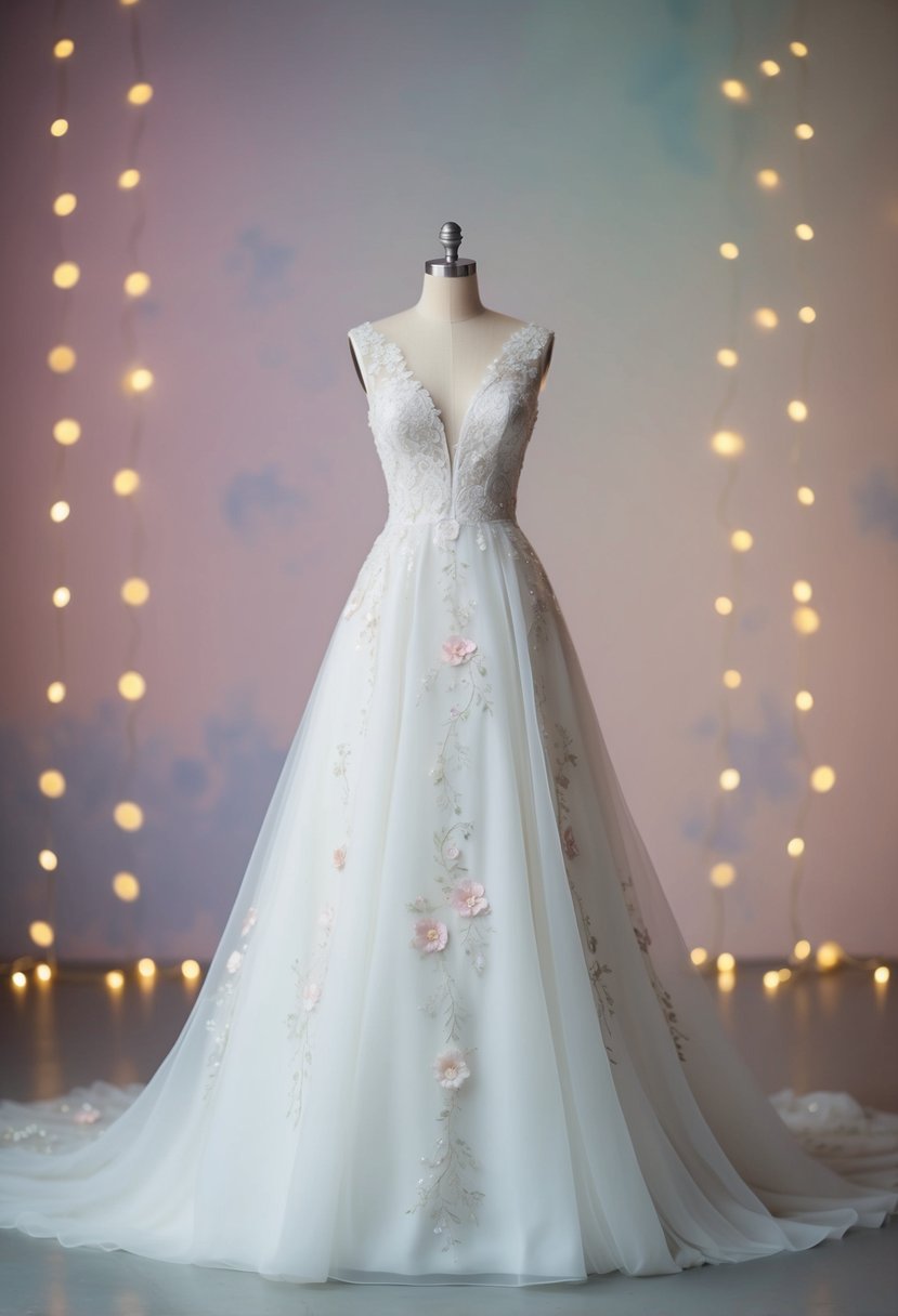 A flowing A-line wedding dress adorned with delicate floral embroidery, set against a dreamy, ethereal backdrop of soft pastel hues and twinkling lights