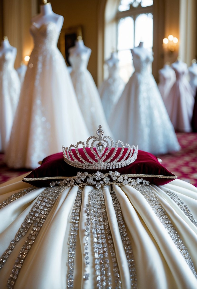 A sparkling tiara rests on a velvet pillow, surrounded by cascading layers of a line princess wedding dresses in a grand ballroom