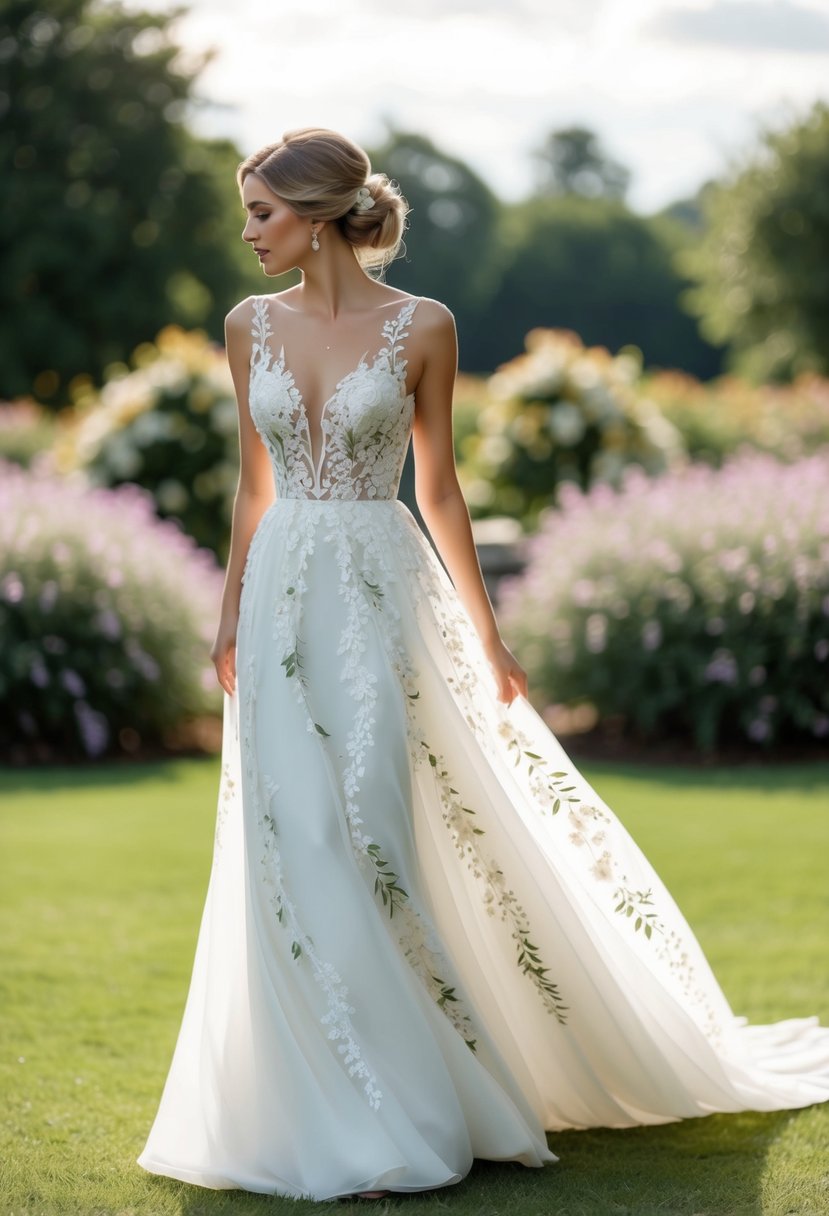 A flowing wedding dress adorned with delicate floral patterns, set against a serene garden backdrop