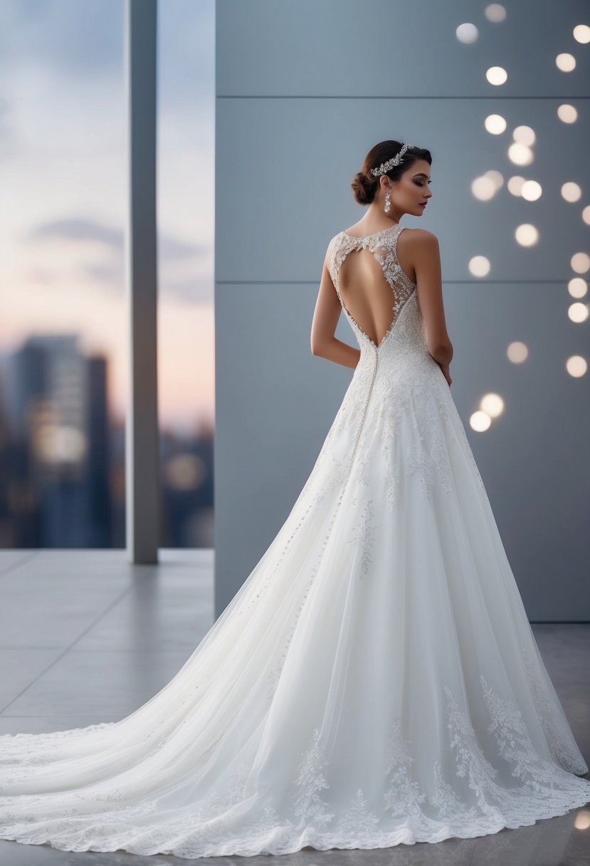 A line princess wedding dress with intricate backless design, adorned with delicate lace and sparkling embellishments, set against a modern and minimalist backdrop