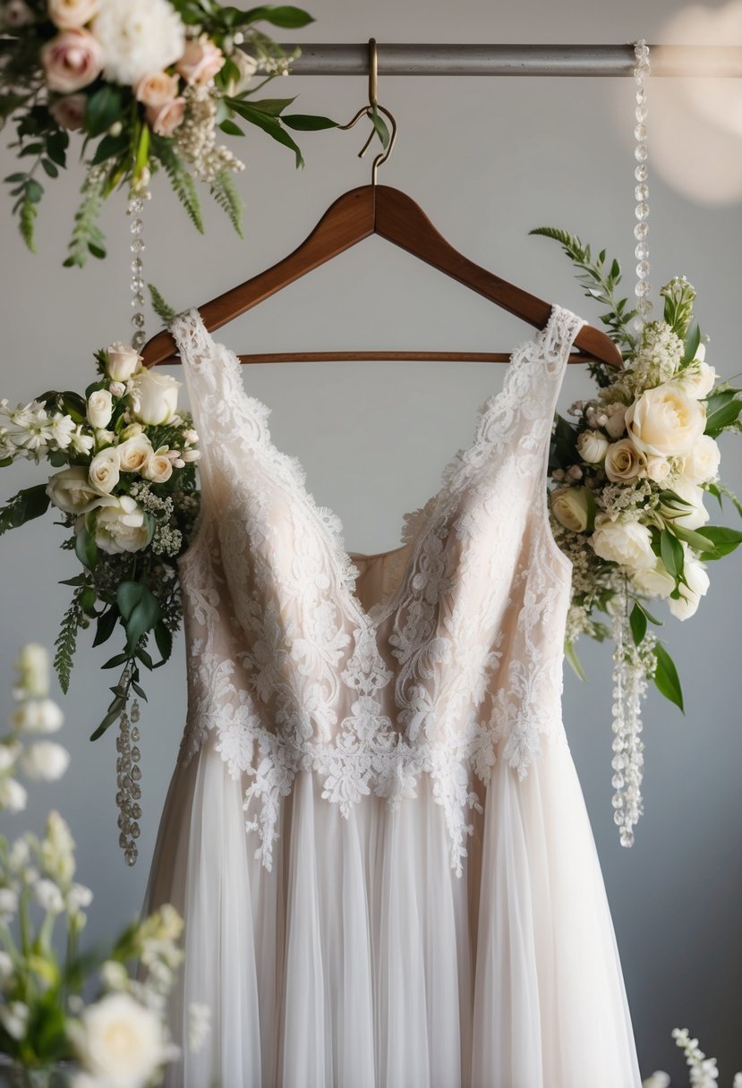 A flowing, lace-trimmed gown hangs from a vintage wooden hanger, surrounded by delicate floral arrangements and sparkling jewelry