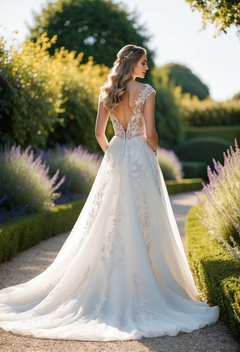 A flowing white wedding dress adorned with intricate embroidered floral patterns cascades down a sunlit garden path