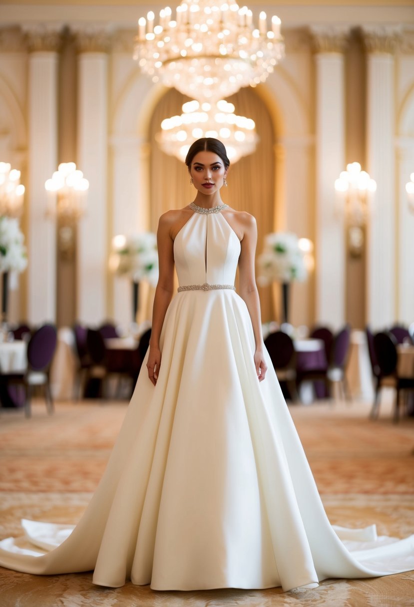 A bride stands in a grand ballroom, wearing a flowing A-line wedding dress with a sophisticated halter neckline, surrounded by opulent decor and soft lighting