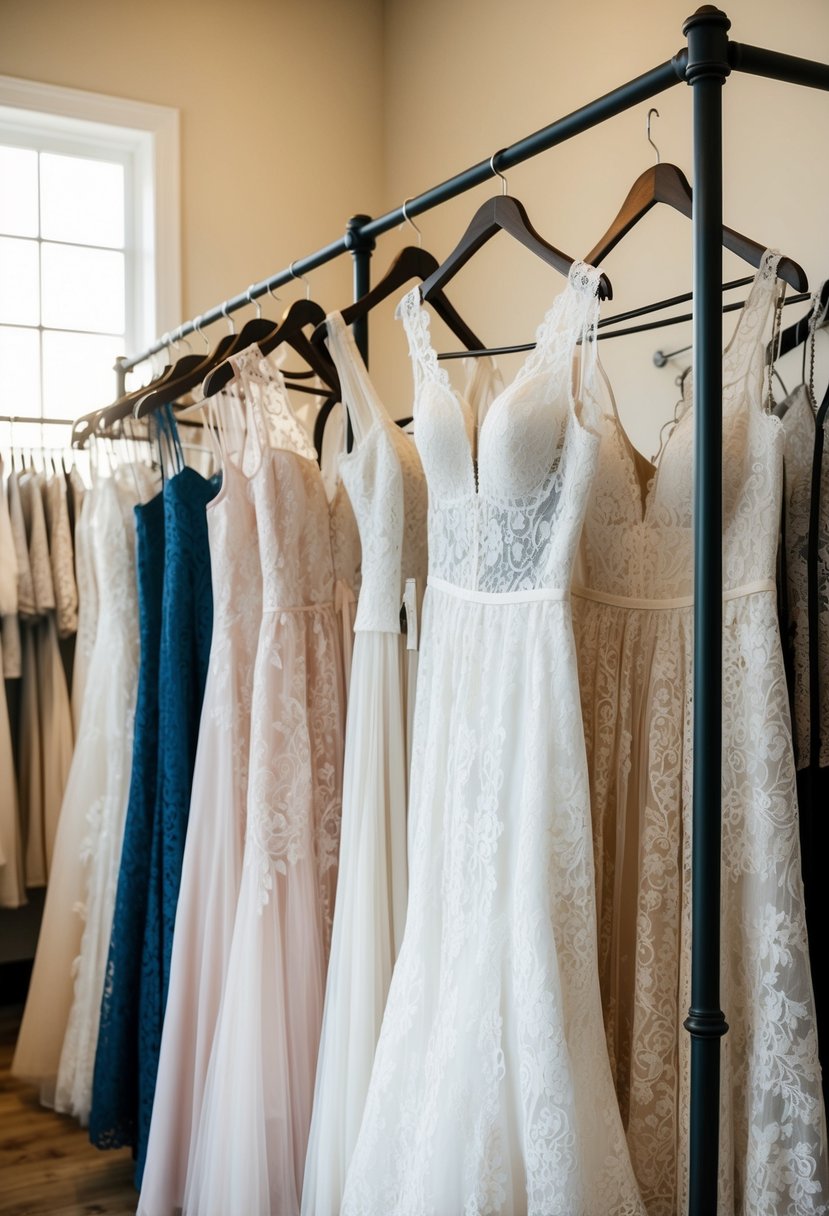 A row of vintage lace gowns hanging on a wrought iron clothing rack in a sunlit bridal boutique