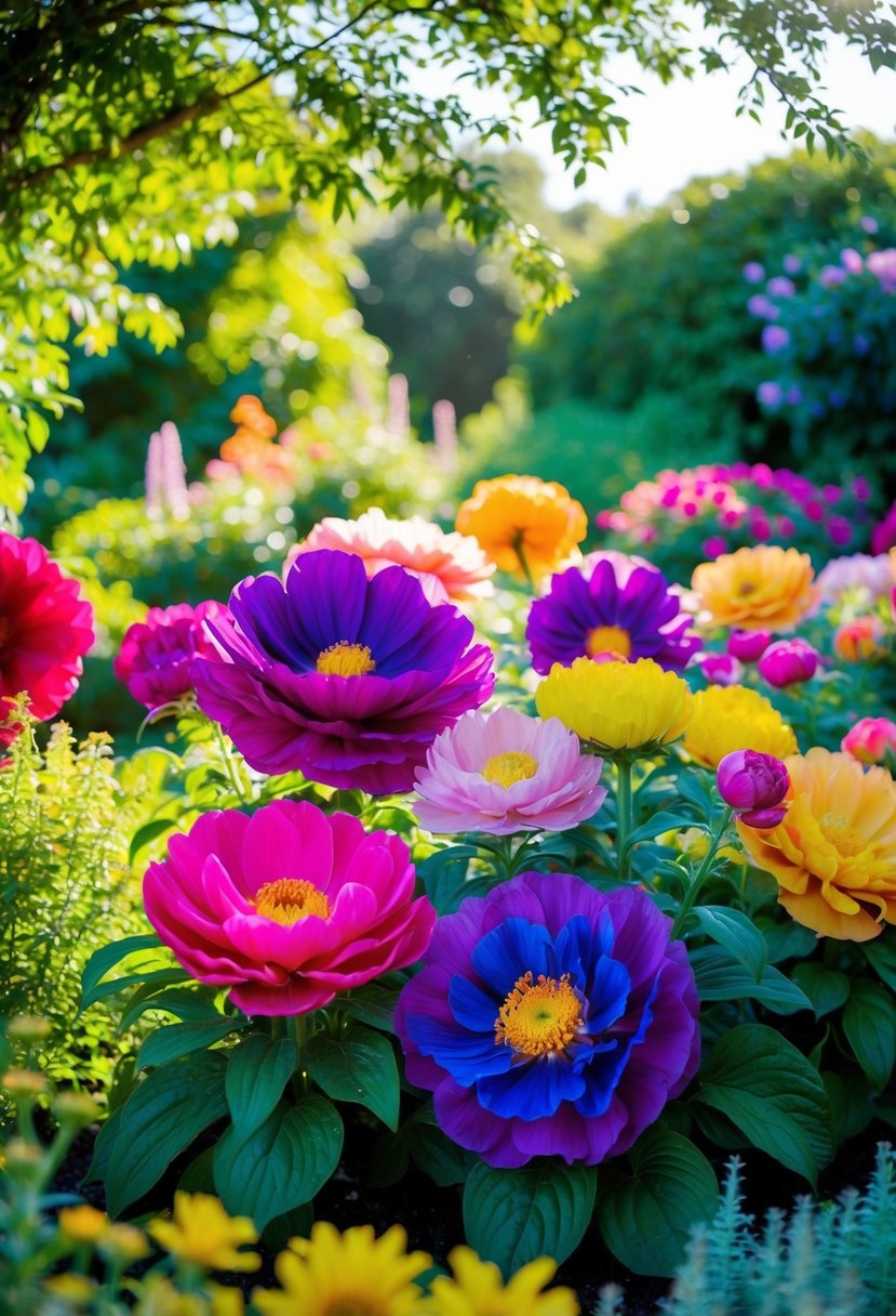 A vibrant garden bursting with oversized, colorful blooms, set against a backdrop of lush greenery and dappled sunlight