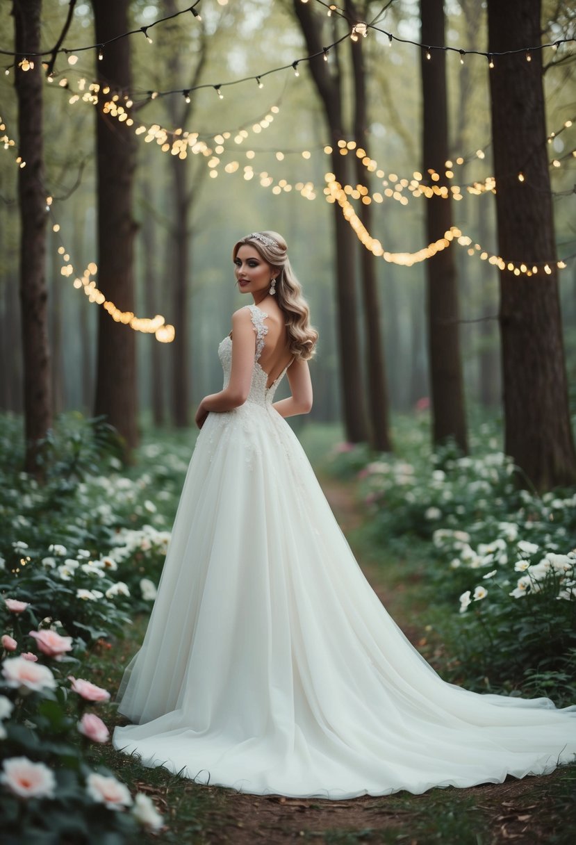 A flowing A-line princess wedding dress in a magical forest setting with twinkling fairy lights and blooming flowers