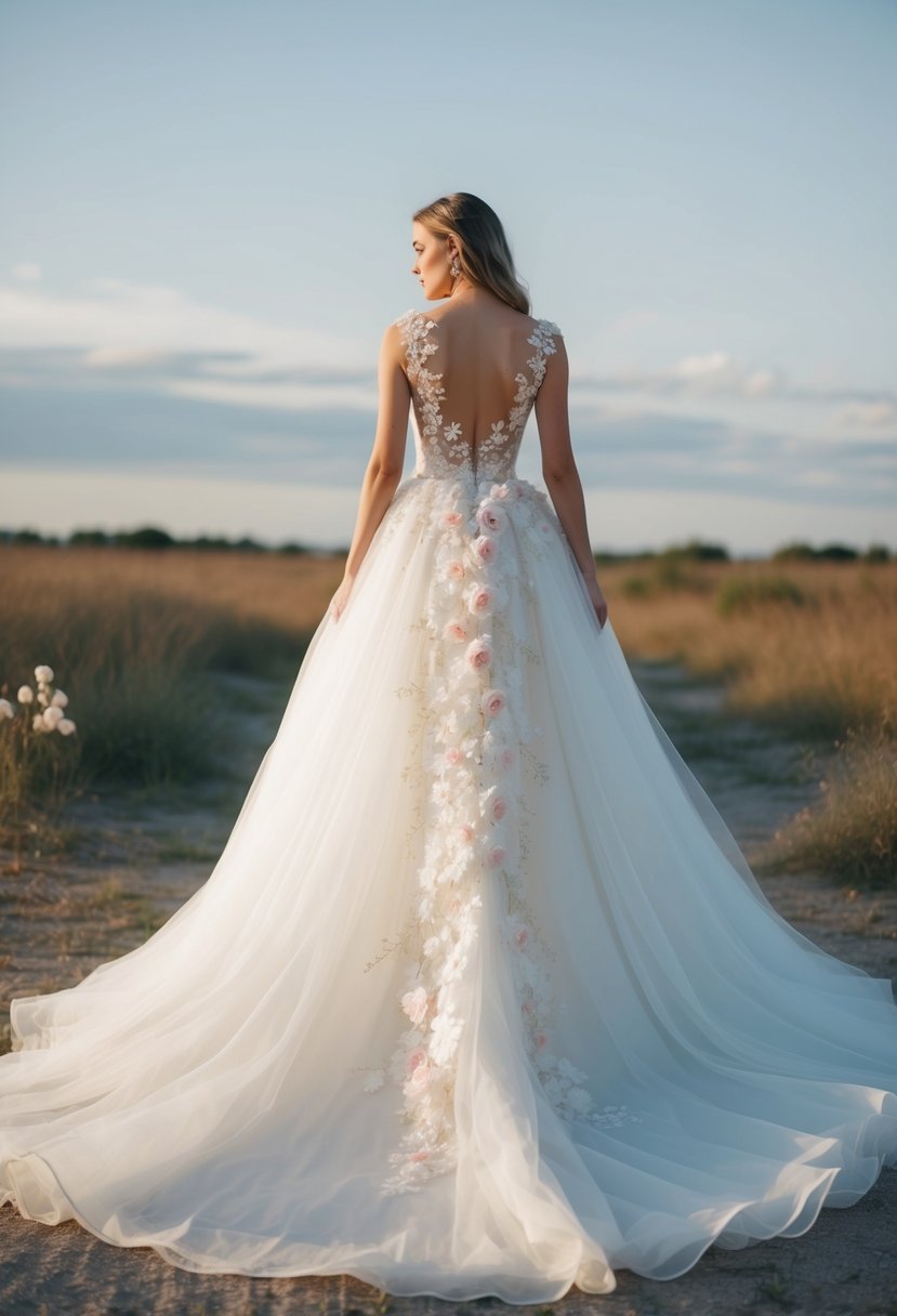 A flowing, white wedding dress adorned with delicate floral appliqué cascading down the bodice and skirt, creating a romantic and ethereal look