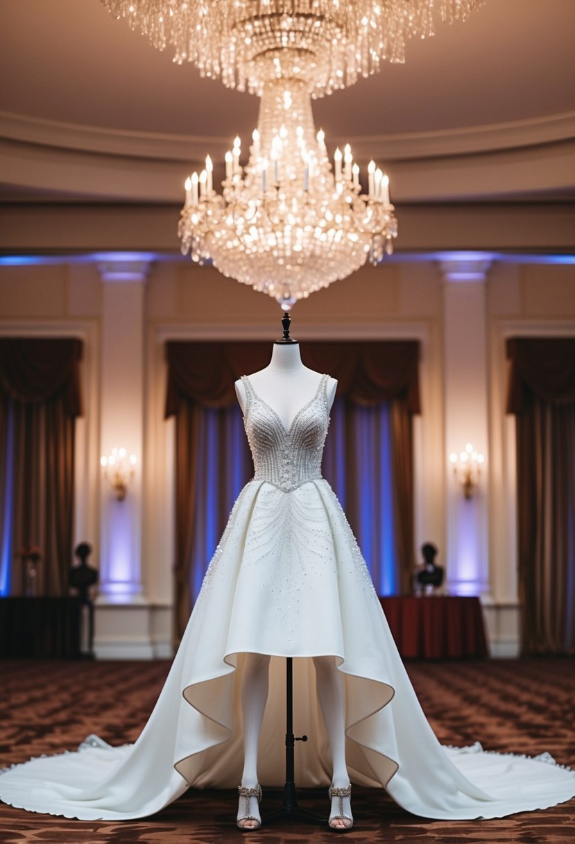 A grand ballroom with a shimmering chandelier, showcasing a stunning line princess wedding dress with statement heels on a regal mannequin