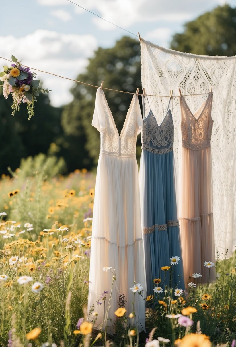 A rustic outdoor wedding with bohemian chic dresses hanging on a line, surrounded by wildflowers and a vintage lace backdrop