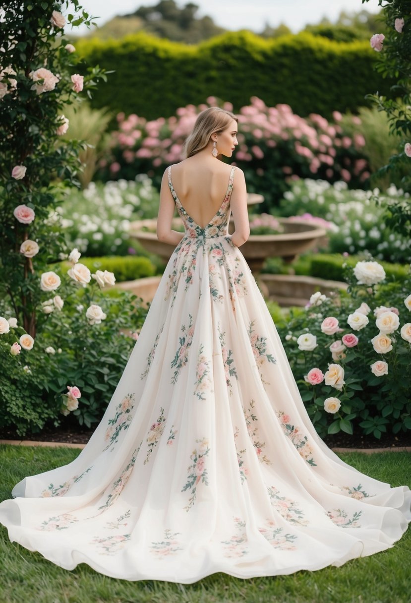 A flowing gown adorned with delicate floral patterns, set against a backdrop of lush greenery and blooming flowers in a romantic garden