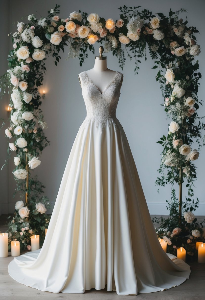 An elegant A-Line wedding gown on a vintage dress form, surrounded by cascading floral arrangements and soft candlelight