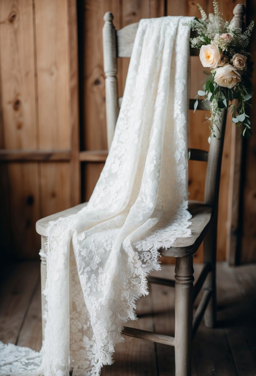 A vintage lace wedding dress draped over a rustic wooden chair, with delicate floral details and a soft, romantic feel