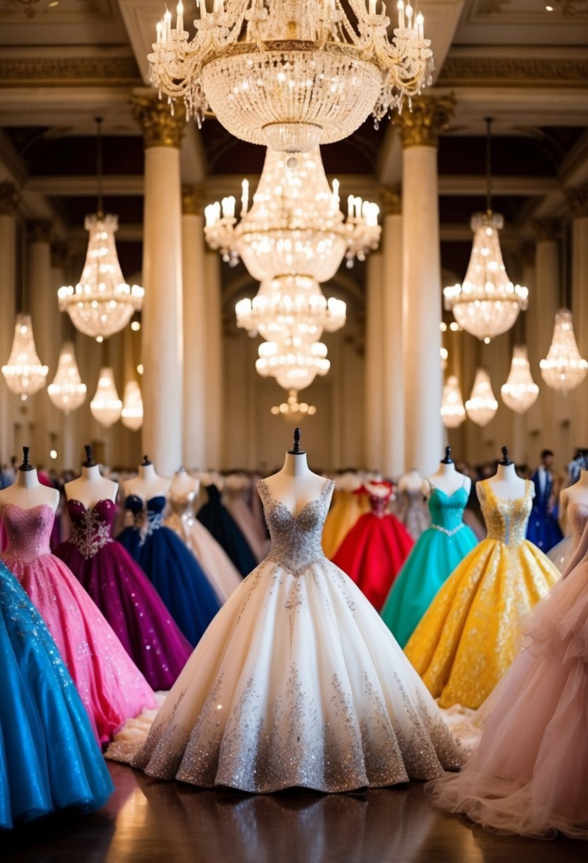 A grand ballroom filled with opulent ball gowns in various styles and colors, sparkling under the soft glow of chandeliers