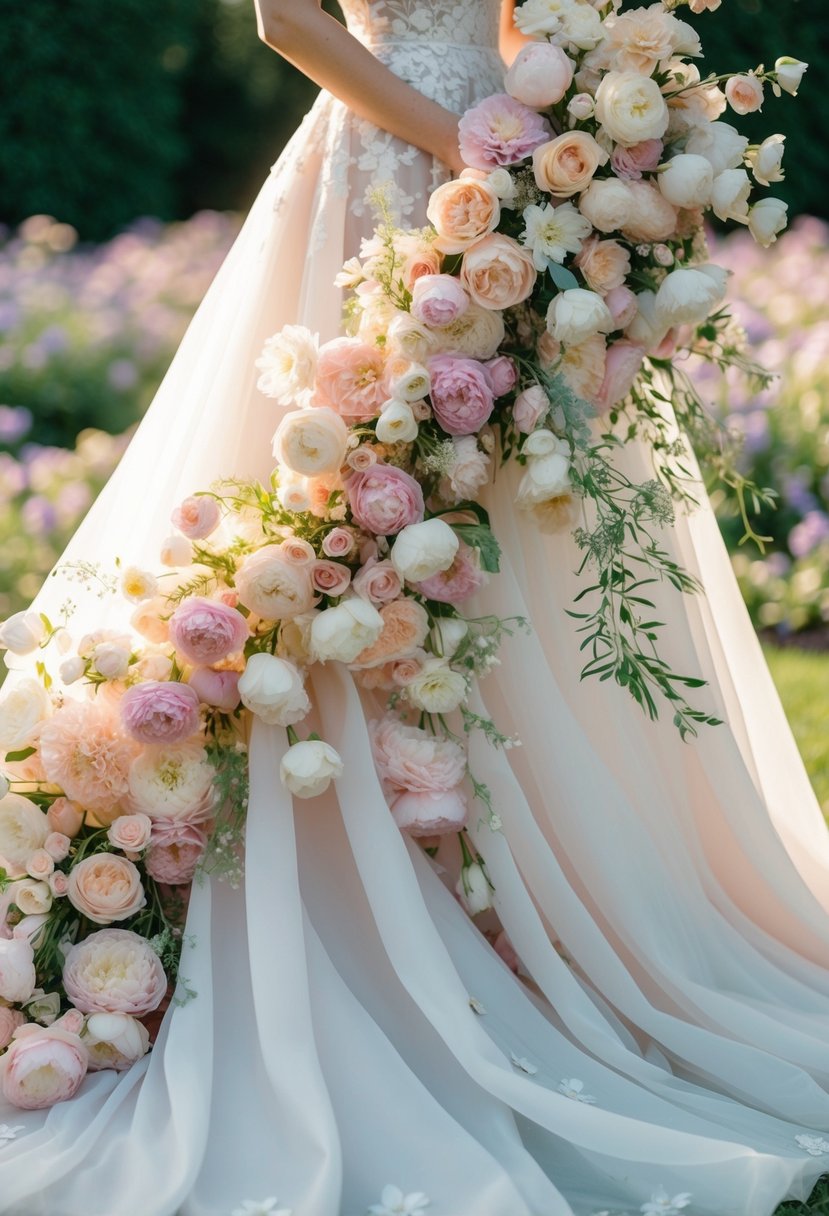 A garden of pastel flowers cascading down a flowing wedding dress, with delicate petals and intricate details