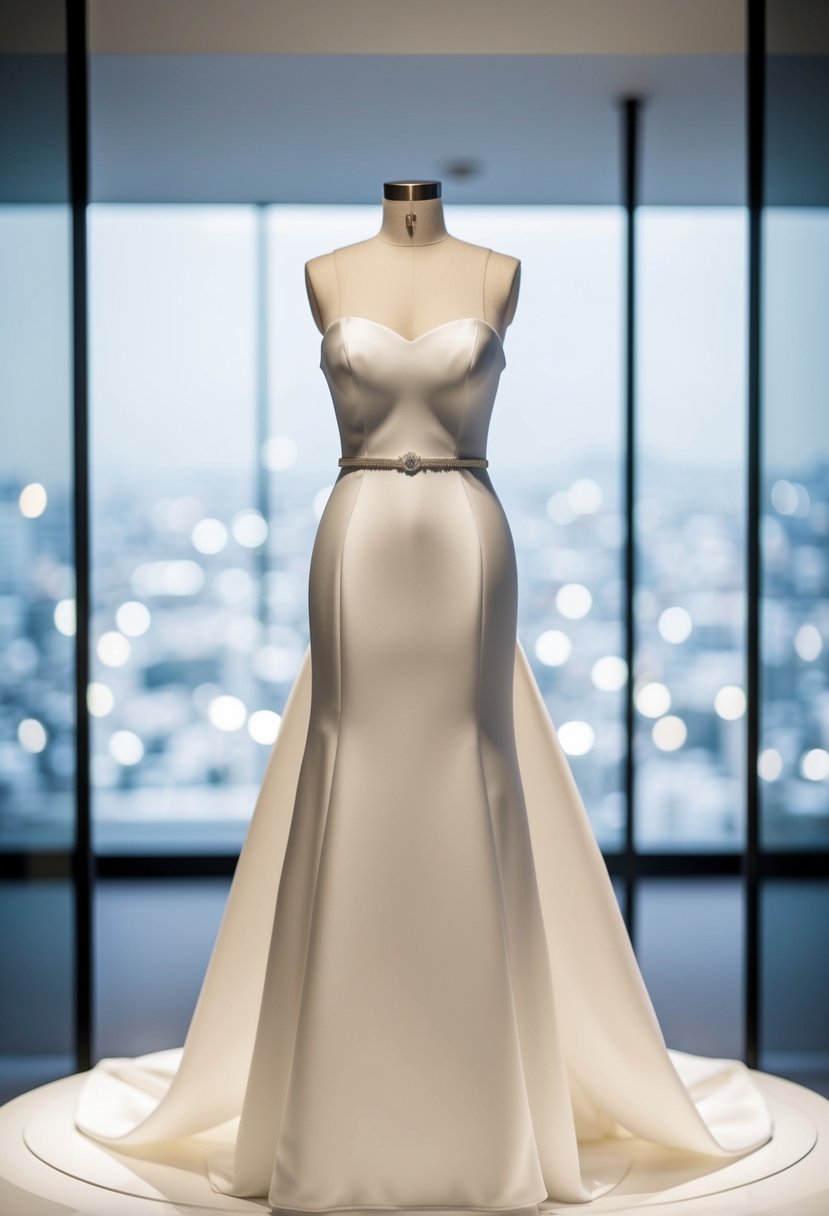 A sleek, white wedding gown on a minimalist display, with clean lines and simple details, set against a modern backdrop