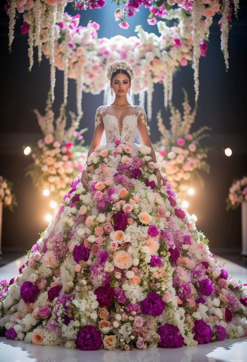 A grand, cascading floral wedding dress with vibrant blossoms from head to toe, creating a dramatic and stunning visual impact