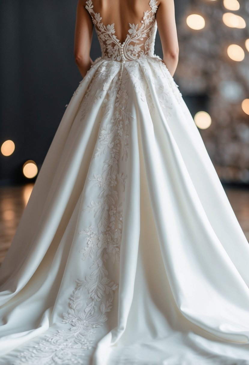 A delicate white wedding dress with intricate floral embroidery cascading down the skirt and trailing up the bodice