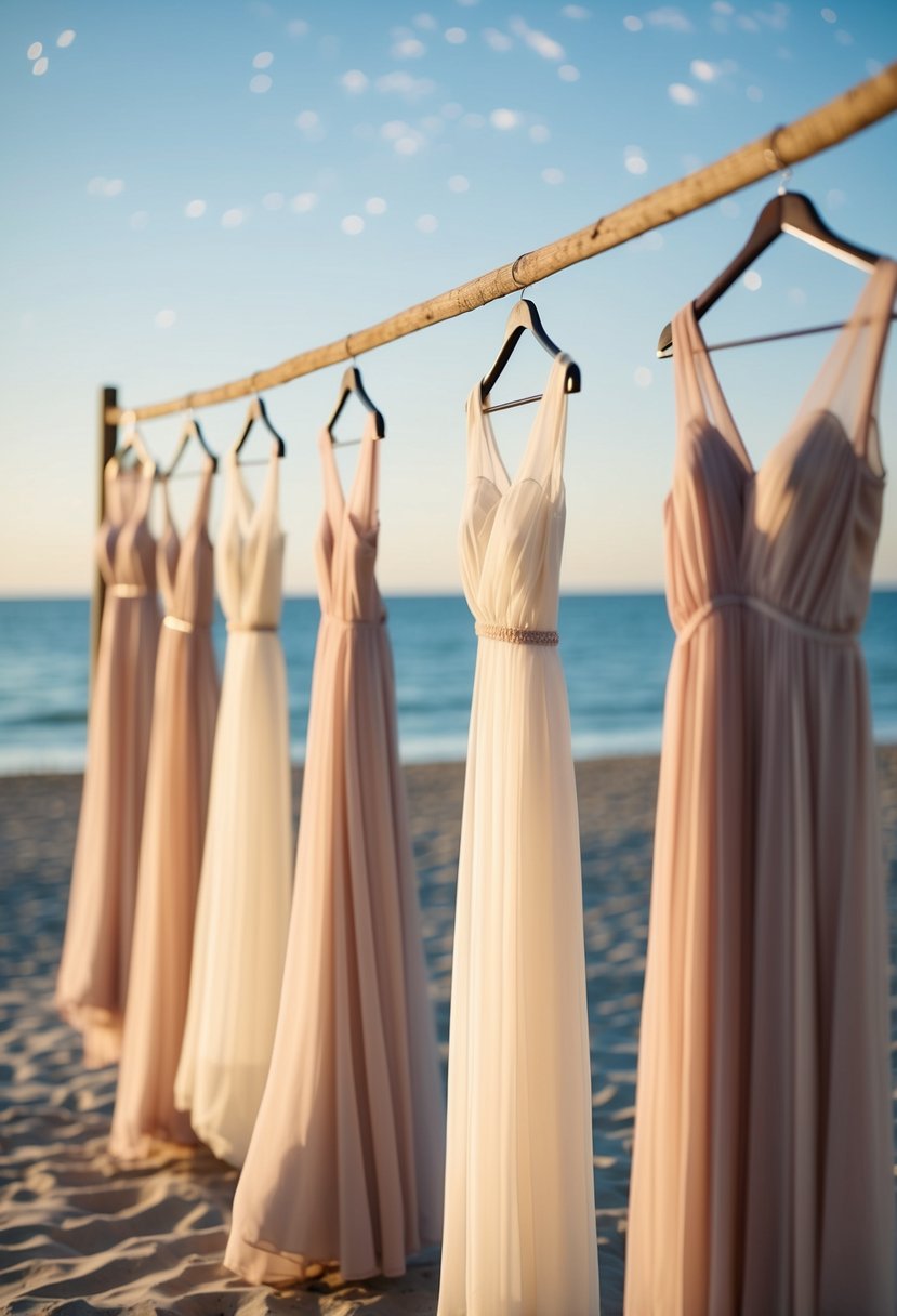 A row of flowing chiffon dresses hang on a beachfront clothesline, swaying gently in the breeze