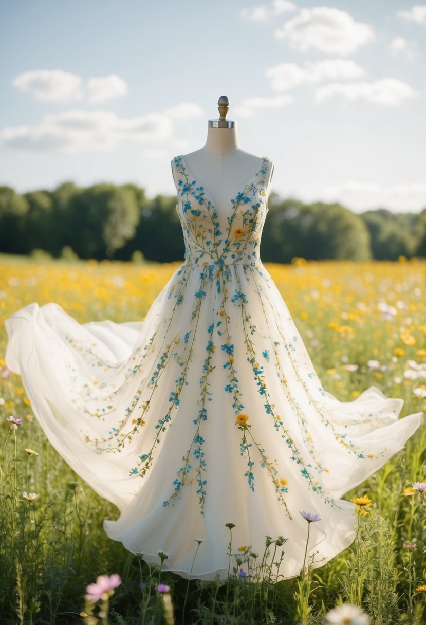 A flowing wedding dress adorned with whimsical wildflower patterns, set against a backdrop of a sun-drenched meadow