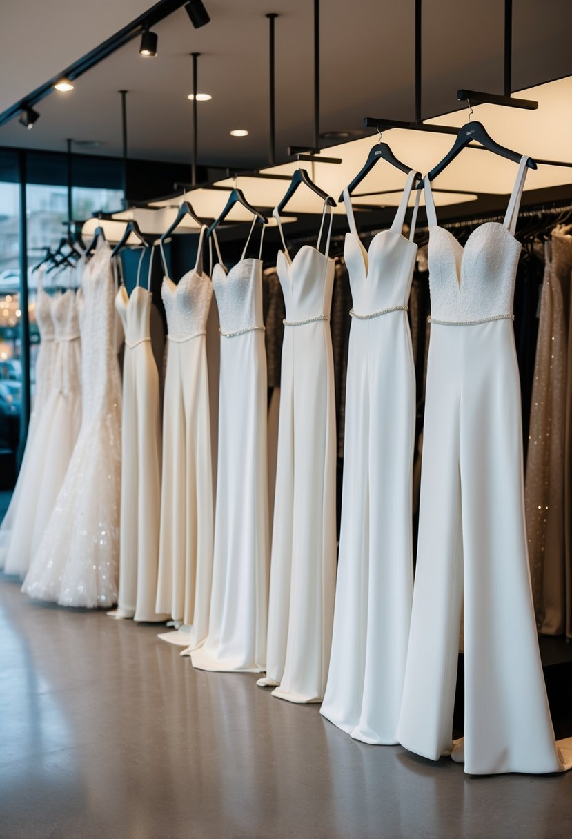 A lineup of nontraditional jumpsuit-style wedding gowns displayed on mannequins in a modern bridal boutique