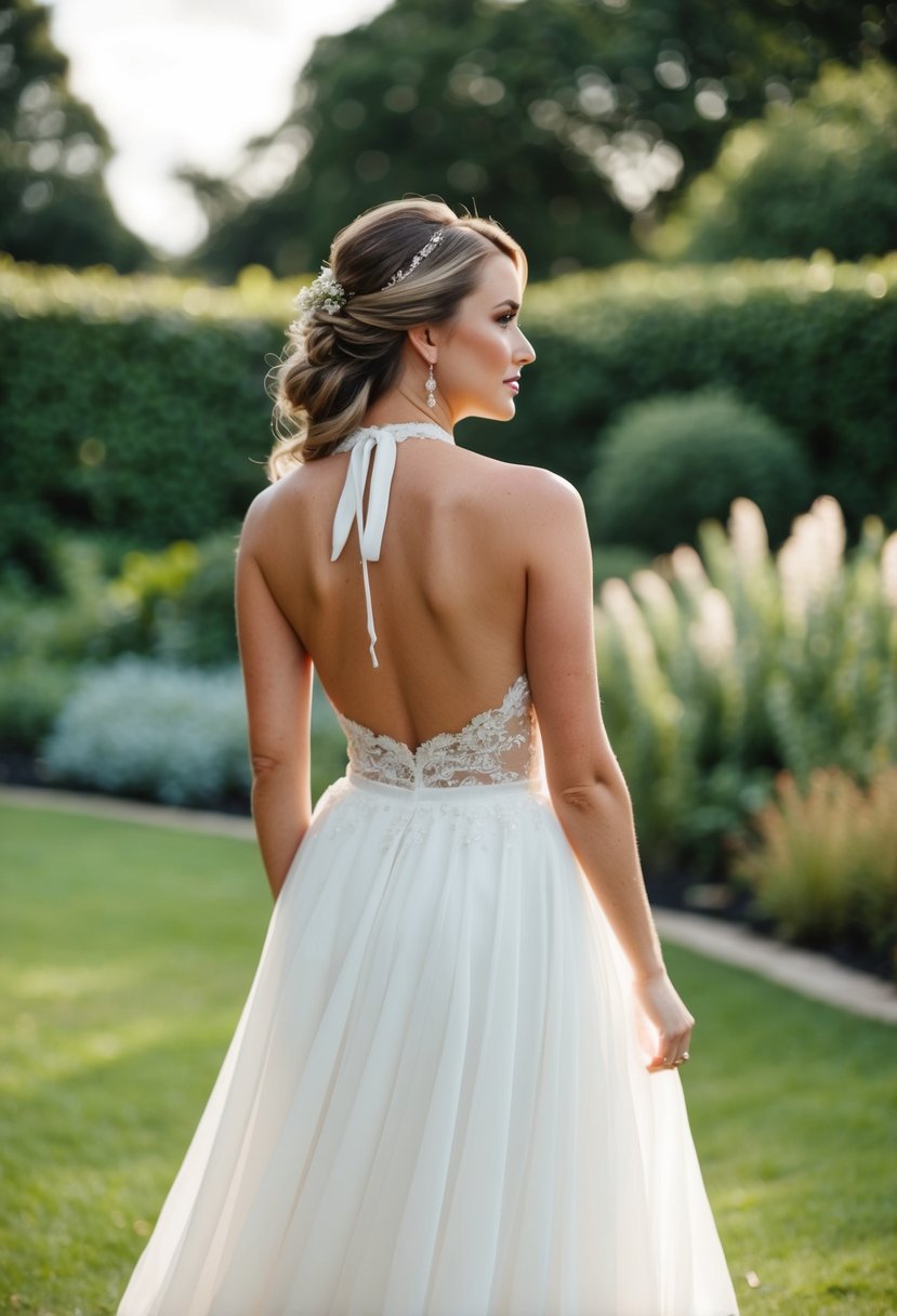 A bride in a halter top wedding dress, standing in a garden with a flowing skirt and delicate lace details