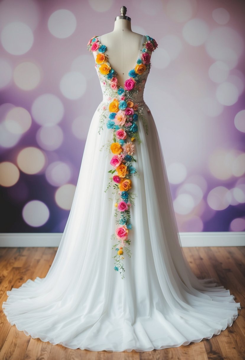 A flowing wedding dress adorned with vibrant floral embellishments cascading down the skirt and trailing up the bodice