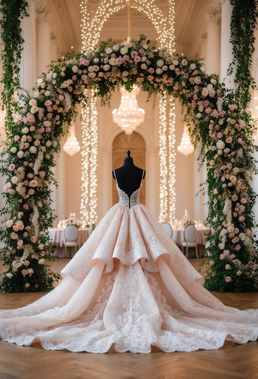 A grand ballroom with cascading floral arches and twinkling fairy lights, showcasing a stunning fairytale gown with intricate lace and flowing layers