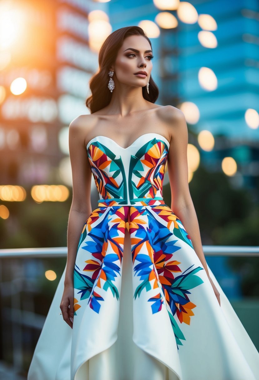 Vibrant, geometric floral patterns intertwine on a sleek, white wedding gown