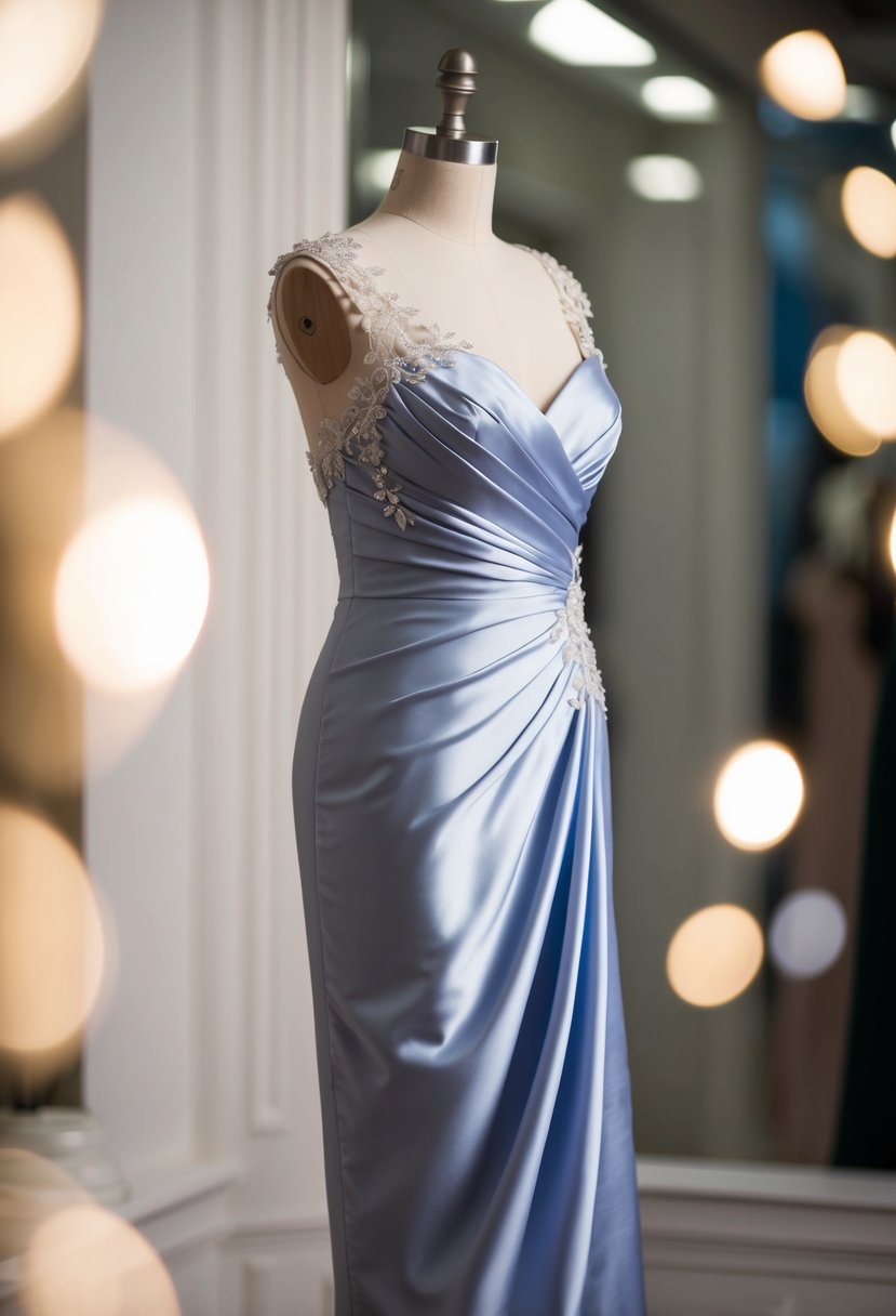 A satin sheath gown draped elegantly over a mannequin's form, adorned with delicate lace and shimmering embellishments