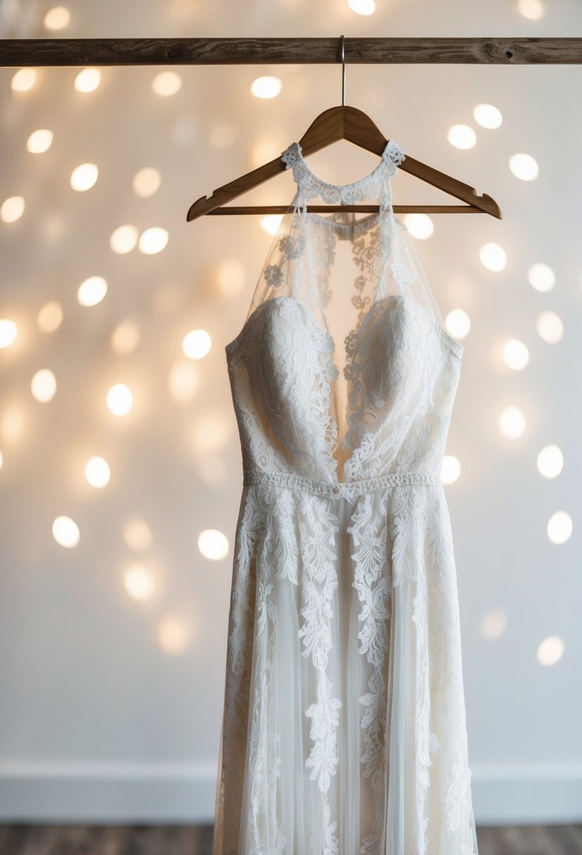 A flowing lace halter top wedding dress hanging on a rustic wooden hanger, set against a backdrop of soft, dreamy lighting