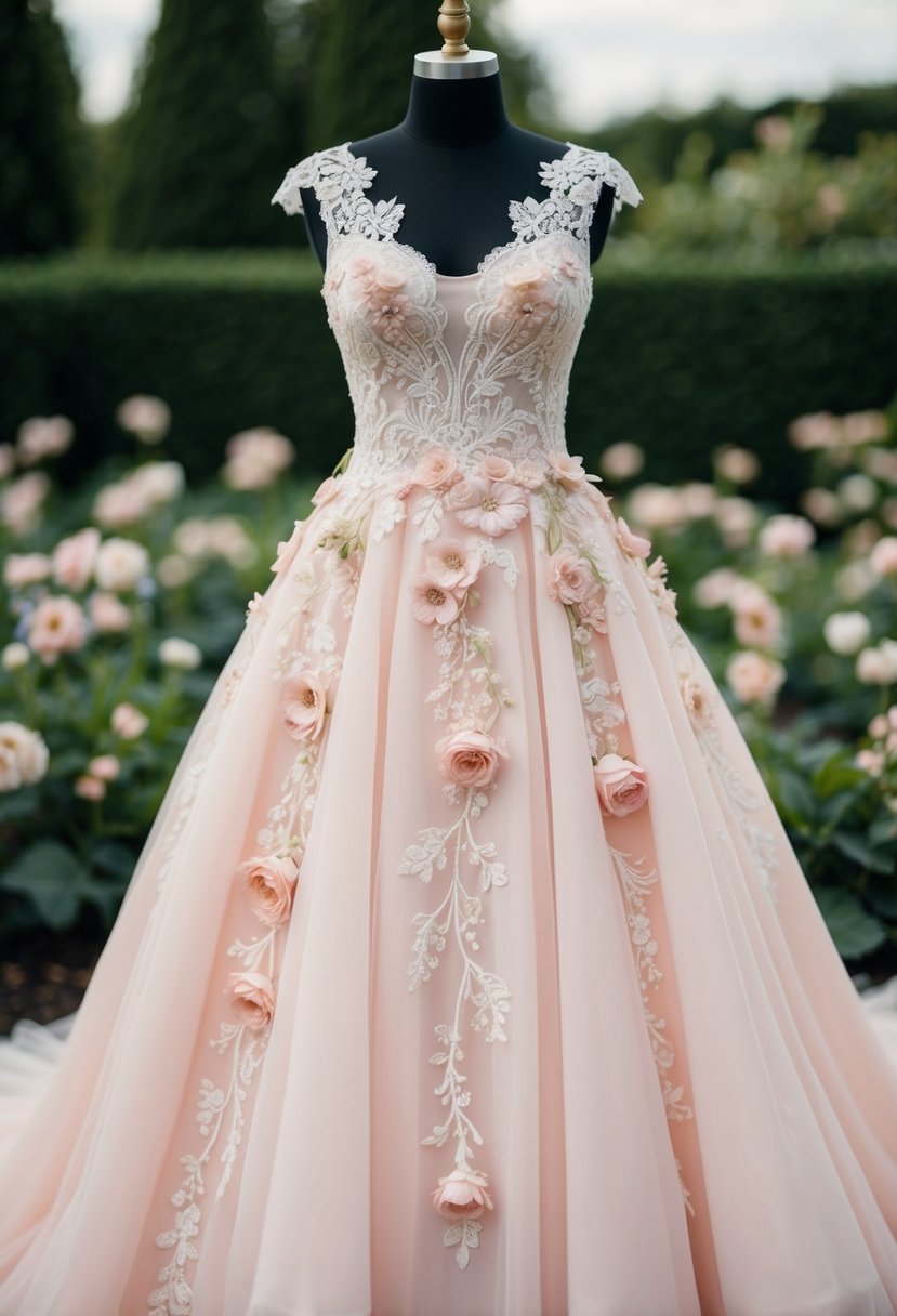 A soft pink floral charm wedding dress adorned with delicate blooms and intricate lace, set against a romantic garden backdrop