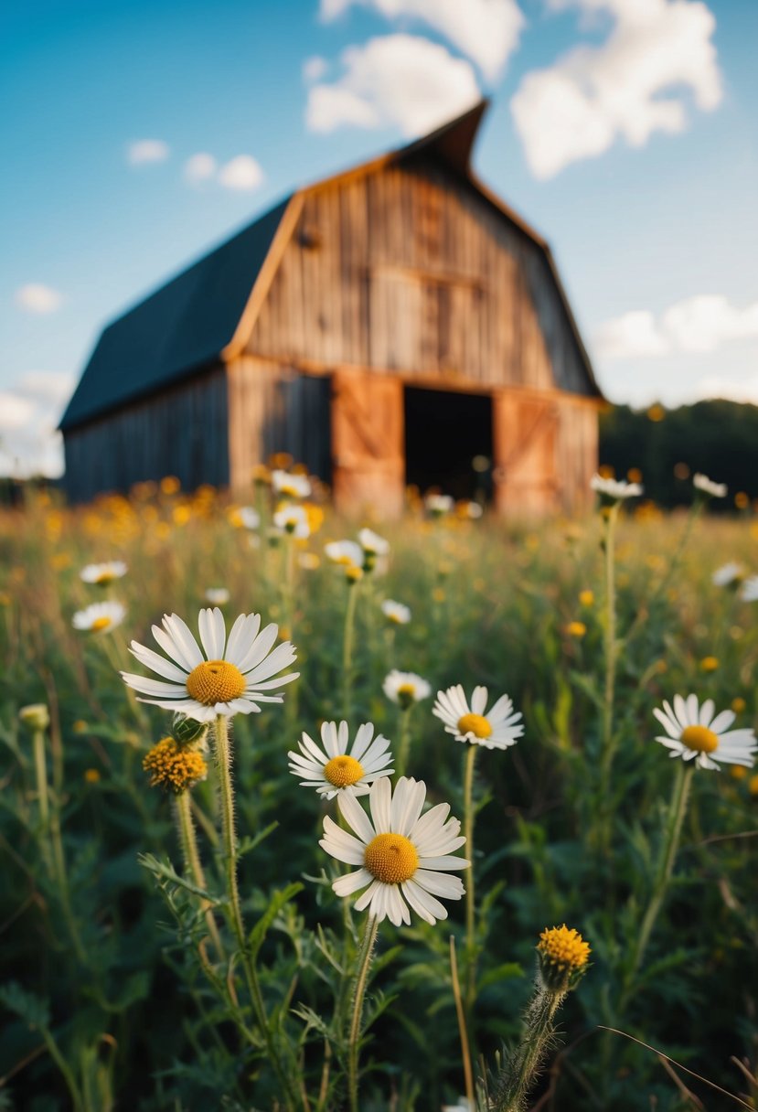 A rustic barn setting with wildflowers and wooden accents