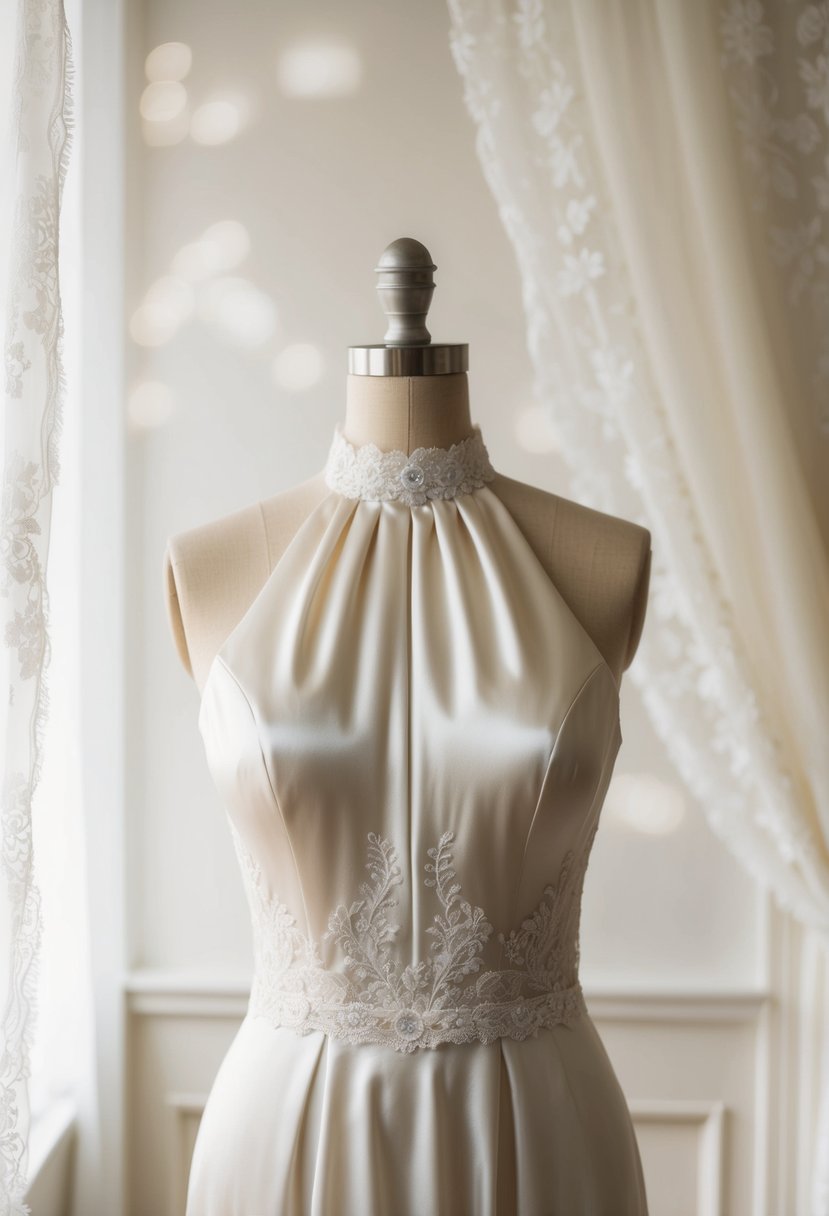 An elegant satin halter top wedding dress displayed on a mannequin against a soft, romantic background with delicate lace details