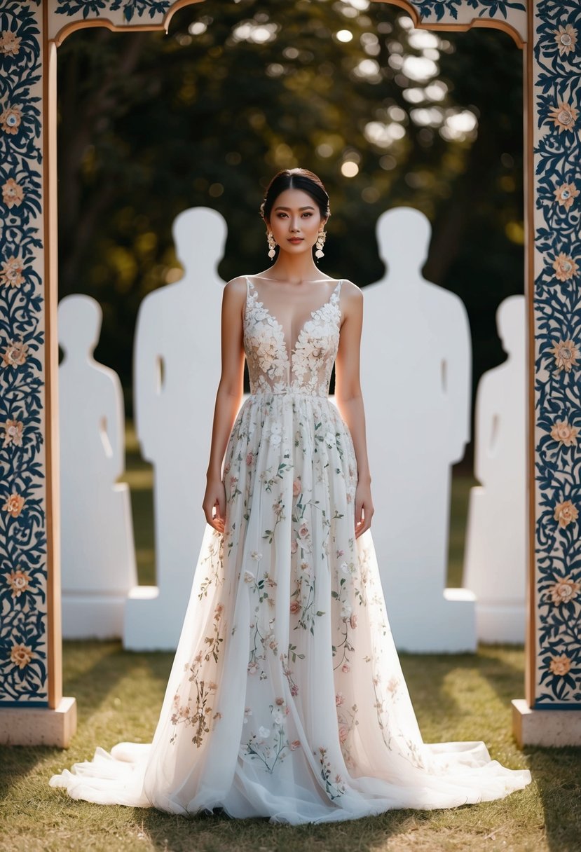 A bride in a flowing floral wedding dress stands among traditional silhouettes with intricate floral patterns