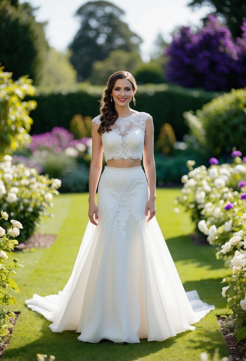 A bride stands in a garden, wearing a two-piece wedding gown with intricate lace and flowing skirt, surrounded by blooming flowers and lush greenery