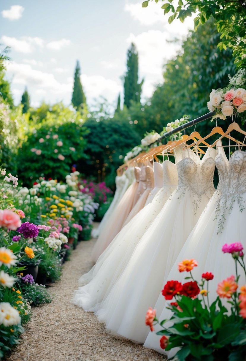 A garden filled with various types of flowers, with a row of elegant bridal gowns on display, each adorned with intricate floral designs