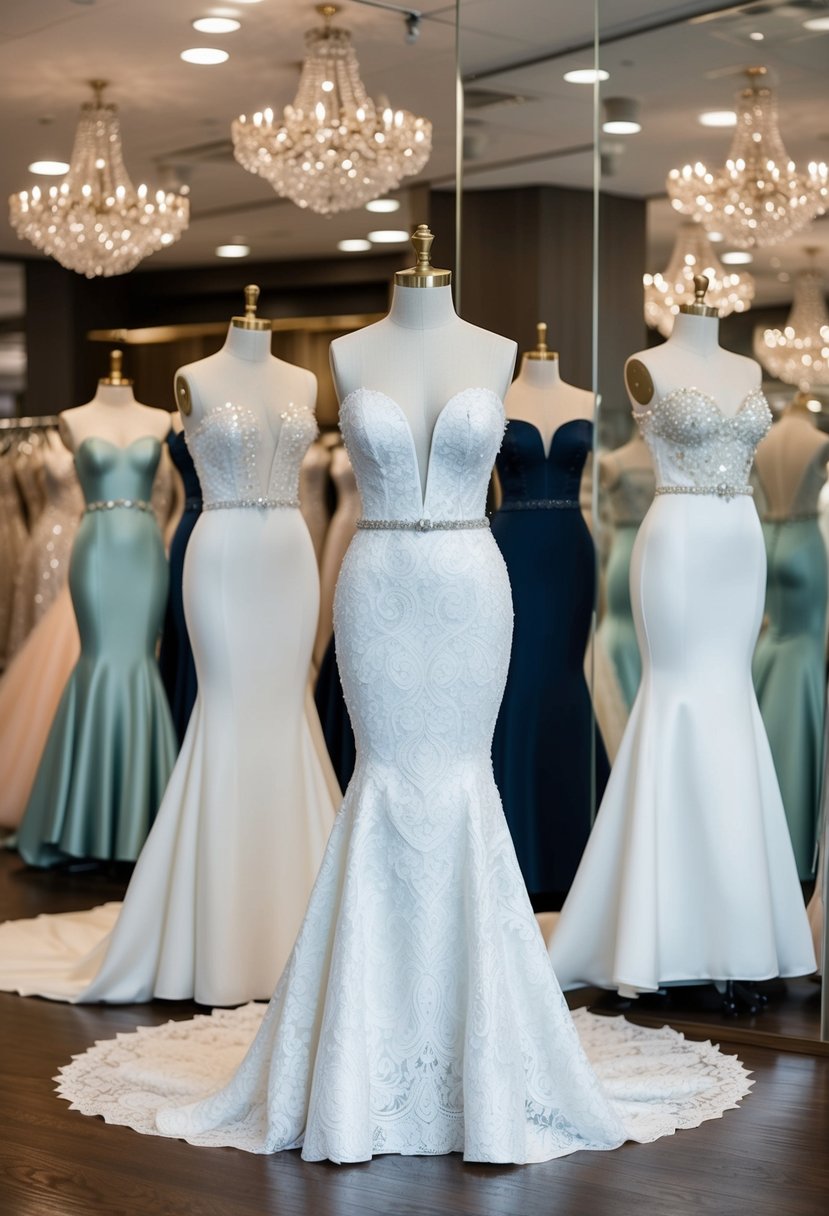 A group of elegant mermaid gowns displayed on mannequins in a luxurious bridal boutique