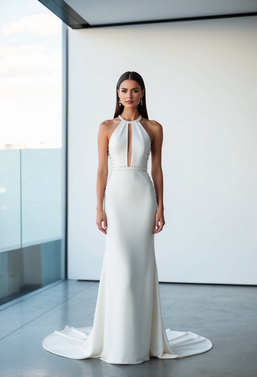 A sleek, floor-length halter gown with clean lines and minimal embellishments, set against a simple, modern backdrop