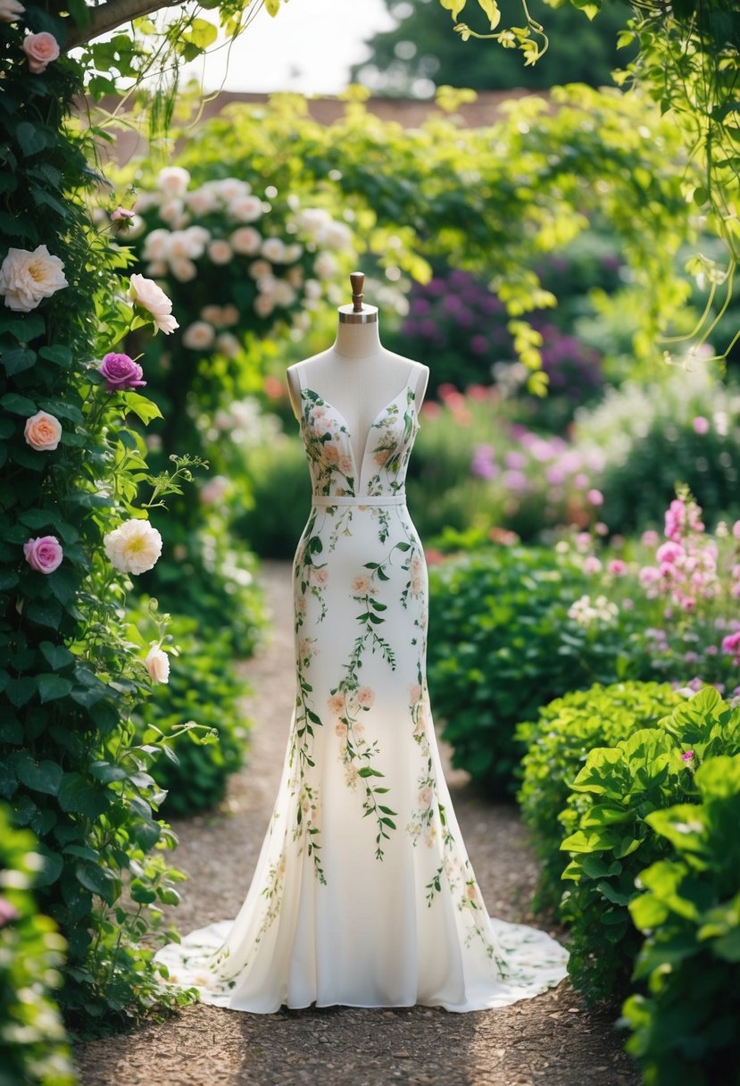 A lush garden with blooming flowers and flowing vines, with a wedding dress made of eco-friendly floral fabrics draped over a mannequin