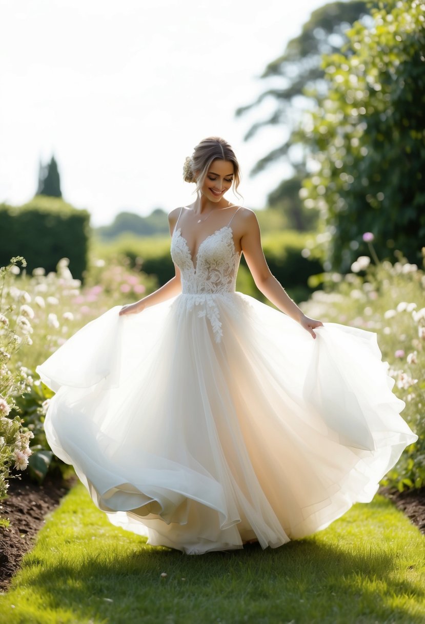 A bride twirls in a garden, her ethereal tulle skirts billowing in the breeze, surrounded by delicate flowers and soft sunlight